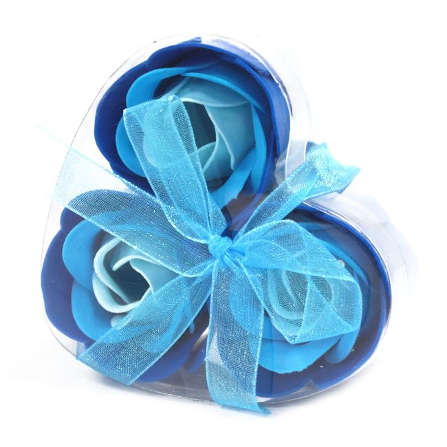 Set of 3 Soap Flower Heart Box - Blue Roses