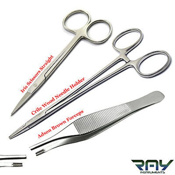 3Pcs Kit Suture Removal Surgical Needle Holder Iris Scissor Tissue Adson Forceps