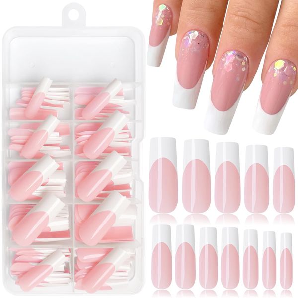 LoveOurHome 120pc French Press on Nails XL Fake Nail Extra Long Press on Nail Square False Nail Acrylic French White Tips Press Square Nail Long Artificial Nail & Glue Adhesive Tabs for Women Girls