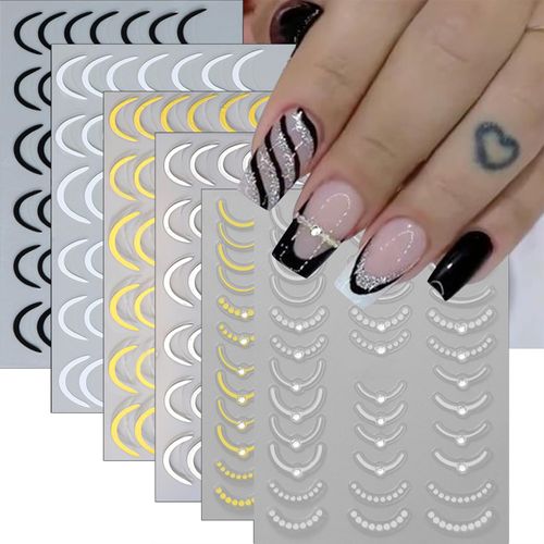 Calkkrer 6 fogli di adesivi per unghie in pizzo francese per nail art, 3D autoadesivo linee oro-argento nail art adesivi nail tips disegni.