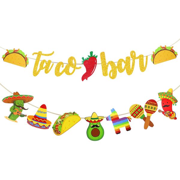 Rismise Fiesta Taco Bar Banner Garland 2 set Mexican Fiesta Party Banner with Cactus Donkey Maraca Sombrero Taco Pepper for Mexican Cinco de Mayo Fiesta Theme Party Decorations