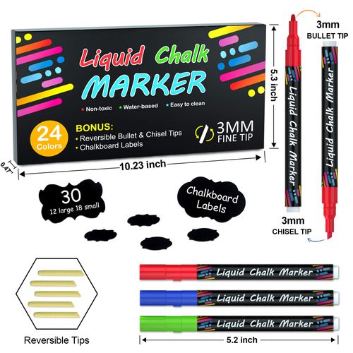 Shuttle Art Liquid Chalk Pens, 24 Colours Wipeable Chalk Markers for Crafting, Reversible 3mm Chisel & Fine Tip Chalk, Perfect on blackboard, Window, Glass, Wood, Office Home Supplies