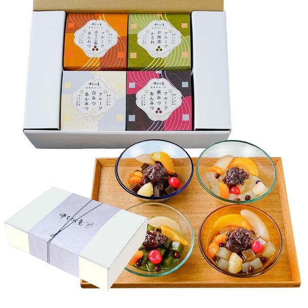 Izu Kappa Fruit Anmitsu Set of 4 (Black Honey x 1, White Honey) x 1, Matcha x 1, Roasted Tea x 1), Boxed for Gift