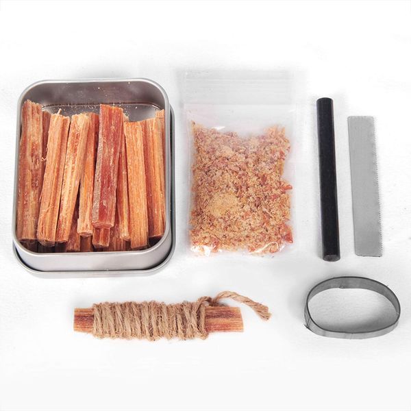 Fatwood 100% Natural Firestarter Sticks Hand Cut in The USA Ferro Rod Ferrocerium Flint Jute Fatwood Chips Striker Tin Container Survival Emergencies Camping Steve Kaeser Since 1989