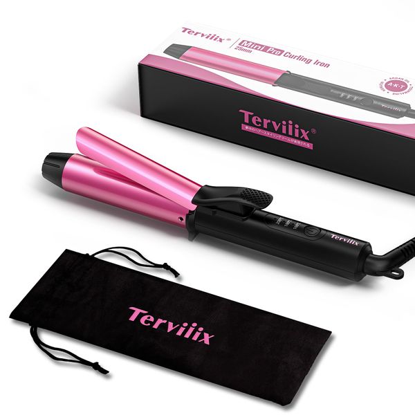 Terviiix Mini Curling Iron, 1.0 inches (25 mm), Portable Hair Iron, Travel Hair Iron, For International Use, 3 Temperature Settings, 3 Temperature Settings, Includes Heat Resistant Pouch