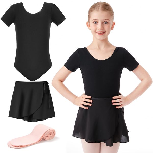 HiDance Ballet Leotards with Dance Skirt and Ballet Tights for Girls Toddler Dance Dress Outfit Combo (Black 5-6 Years)