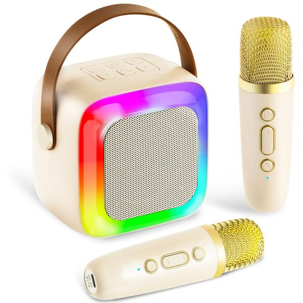 Anliuanliu Kids Karaoke Machine for Adults, Mini Portable Karaoke Bluetooth Speaker with 2 Wireless Microphones, Birthday Gifts Toys for Teen Girls Ages 4, 5, 6, 7, 8, 9, 10, 12+ Year Old (Beige)