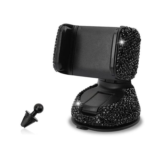DACIRTY Sparkling Rhinestone Cell Phone Holder, Air Conditioning Vent Dashboard Dual Purpose Navigation Holder for Women and Girls, Modified Auxiliary Travel Accessory, for Most Cars (Black)