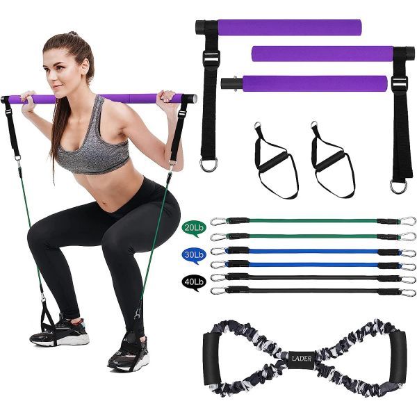 LADER Pilates Bar Kit Resistance Band Portable & Toning Yoga Equipment Exercise Stick 8 Shape Body Shaping Resime Bar Adjustive 20lb 30lb 40lb, Bora