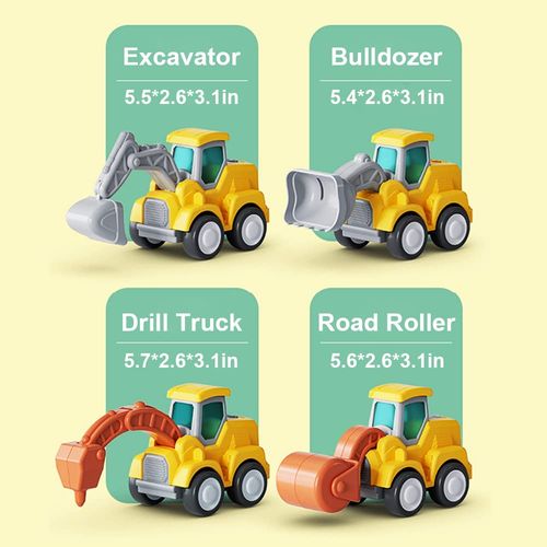 D-KINGCHY Construction Vehicles Kids Play Trucks, Press and Go Bulldozer Excavator Drill Truck and Road Roller, Construction Truck Toys Birthday Christmas Toy for Age 3 4 5 6 7 Years Old