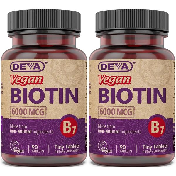 DEVA Vegan Biotin 6000mcg 2-Pack – Vitamin B7, Easy-to-Swallow Tiny Tablets, 90 Count Ea