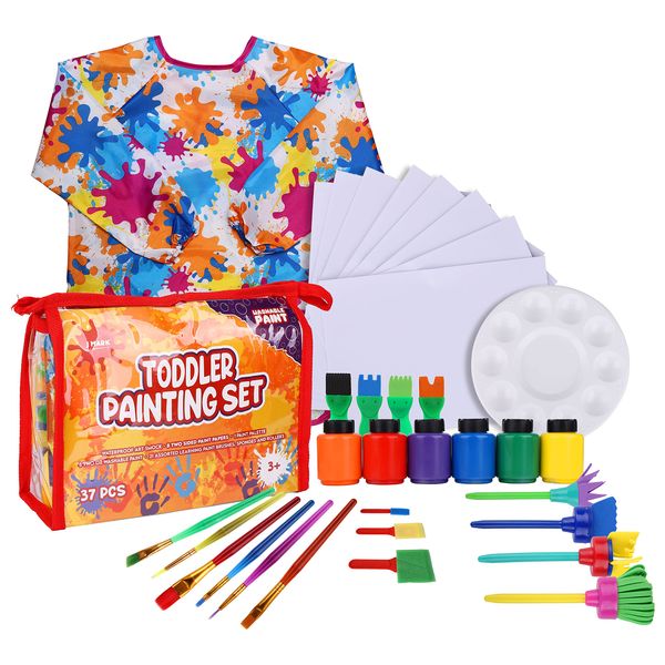 J MARK Toddler Painting Set – 38-Piece Set with Art Smock, 6 Washable Tempera Paints, Painting Paper, Brushes, Sponges, Painting Tools and Palette (Colors)