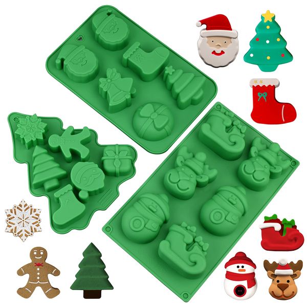 3 Pack Christmas Silicone Molds, Large Size Xmas Baking Mold for Mini Cakes, Handmade Soap, Chocolate, Jello, Candy and Candles,With Christmas Tree Santa Snowman Shape Silicone Mold