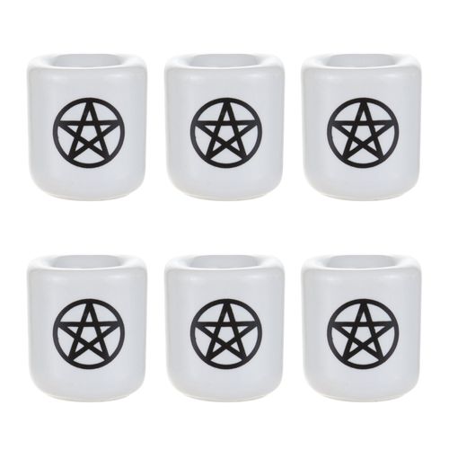 Mega Candles 6 pcs Ceramic Black Pentacle Chime Ritual Spell on White Candle Holder, Great for Casting Chimes, Rituals, Spells, Vigil, Witchcraft, Wiccan Supplies & More