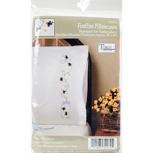 Tobin Stamped Pillowcases, Fireflies, 20" x 30" Embroidery Kit, white