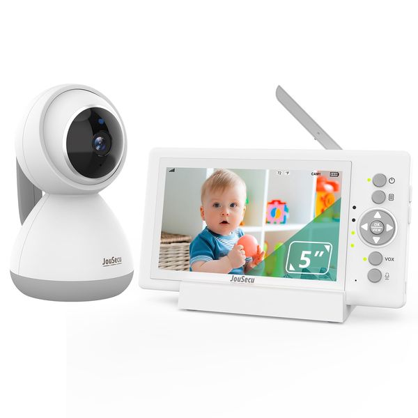 JouSecu Baby Monitor Camera with 30 Hours Battery Life, Pan-Tilt-Zoom Video Baby Monitor with Camera and Audio 5 Inch Large Screen, No WiFi, Temperature Monitoring, 2 Way Talk Back, Power Saving