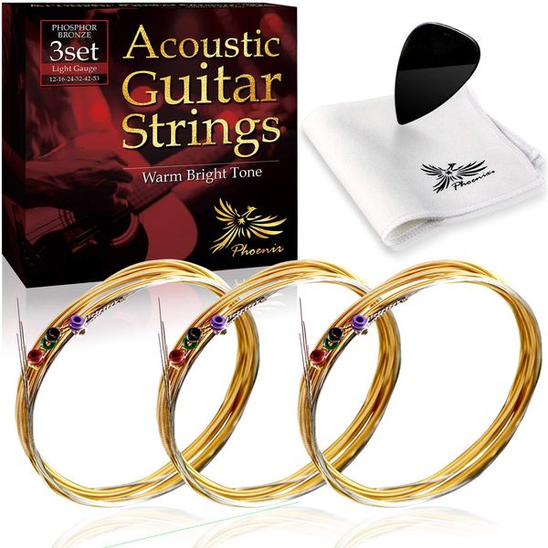 Phoenix Acoustic Guitar String Phosphor_BRONZE Warm Bright Tone 3 Set, Clear Sound, Donshari Feel, Color Coded Pole End, Cleaning Cloth & Pick Included (Light/Light)