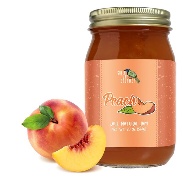 Green Jay Gourmet Peach Jam - All-Natural Fruit Jam with Peaches & Lemon Juice - Vegan, Gluten-free Jam - Contains No Preservatives or Corn Syrup - Made in USA - 20 Ounces