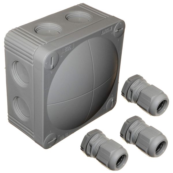 Grey Wiska 308/5 Combi Junction Box with 3 x GLP20+ IP68 Cable Glands Outside Wiring