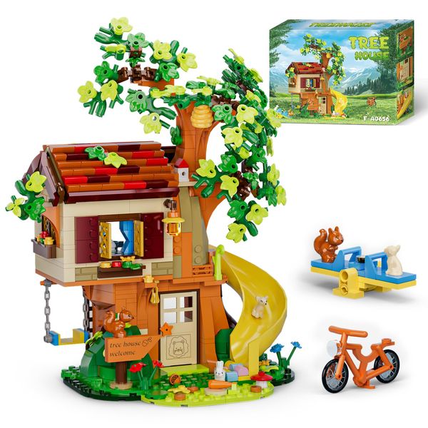 Sinuraii Treehouse Building Blocks Set, Natural Eco Cozy Cottage Educational Toy, Tree House Architecture Sets with Animals, Slide, Swing, Seesaw, Bicycle, Gifts for Kids, Girls and Boys Ages 8 Plus