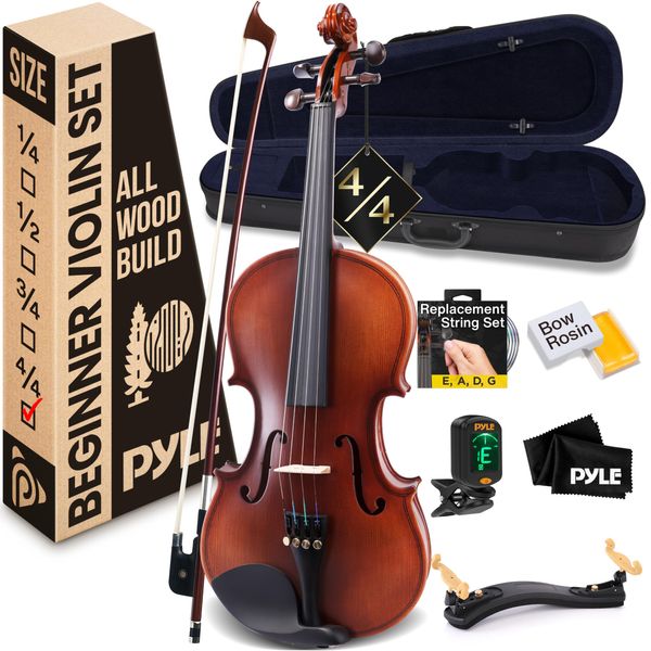 Pyle Full Size Beginner Violin Starter Kit, Violin Starter Package with Travel Case & Bow, Extra Strings, Digital Tuner, Shoulder Rest & Cleaning Cloth for Students, Kids, Adults