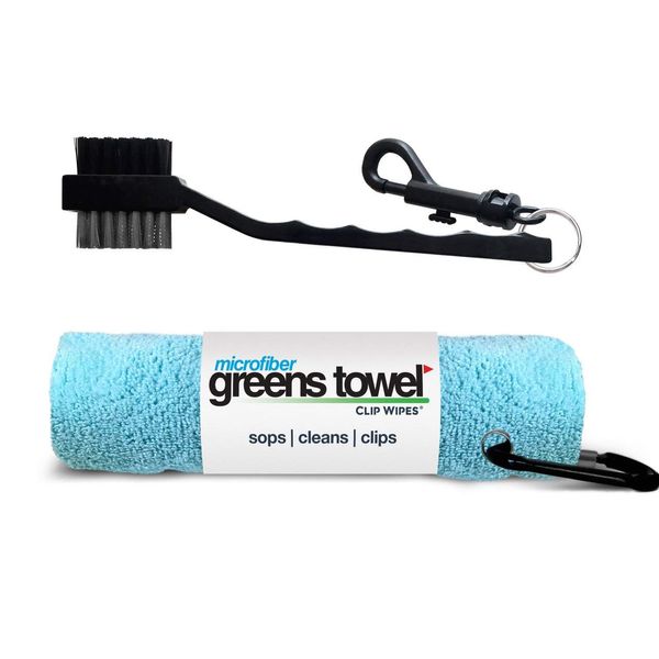 Greens Towel Duo Pack Aqua | Microfiber Golf Towel & Golf Brush Combo (Caribbean Blue)