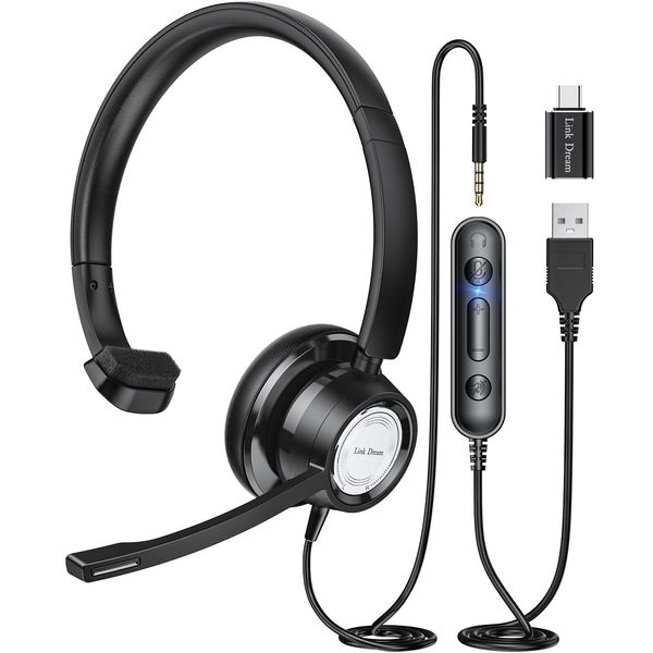 Link Dream Headset, Single Ear Headset, USB Headset, Wired Headphones, With Microphone, Noise Cancelling, Left and Right Mute Function, Hand Controller, Lightweight, Comfortable, 3.5mm Type-C USB