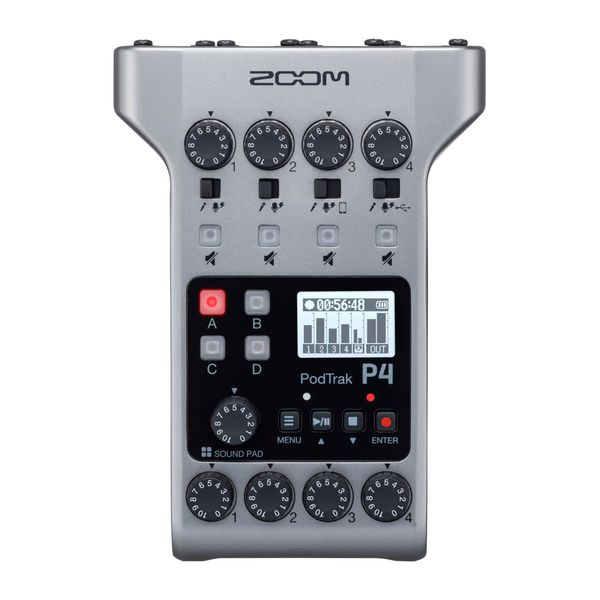 Zoom PodTrak P4 Podcast Recorder, Battery Powered, 4 Microphone Inputs, 4 Headphone Outputs, Phone and USB Input for Remote Interviews, Sound Pads, 2-In/2-Out Audio Interface