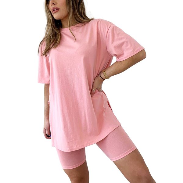 Hamishkane Ladies Oversized Short Sleeve Side Slit T-Shirt Cycling Short Set Co-ord Summer Loungewear Rose Pink