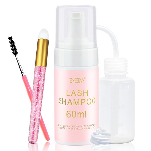 EMEDA Lash Shampoo for Lash Extensions 60ml / 2 fl.oz Eyelash Extension Cleanser Oil Free Foam Soap Lash Bath for Cluster Lashes Wash Oil Dustcare, Gentle Lash Cleaning Kit with Rinse Bottle Brush