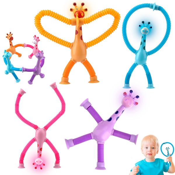 Vibbang 4Pcs Telescopic Suction Cup Giraffe Toys, Light Up Pop Tubes Fidget Toy for Toddlers, Shape Changing Telescopic Tube, Decompress Novel Educational Toy,Stretch Sensory Toy Giraffe Toy for Kids