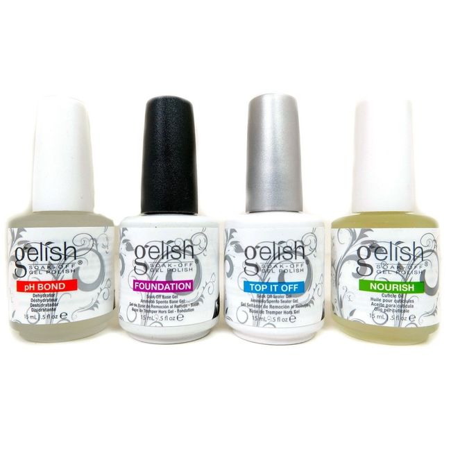 Nail Gel Nail Harmony Gelish Harmony Gelish 15ml each Soak-off Base Gel Foundation + Top Coat (Top Sealer) + PH Bond + Nourish Nourish (Cuticle Oil) Set of 4 Nail Oil Nail Care Self Nail New