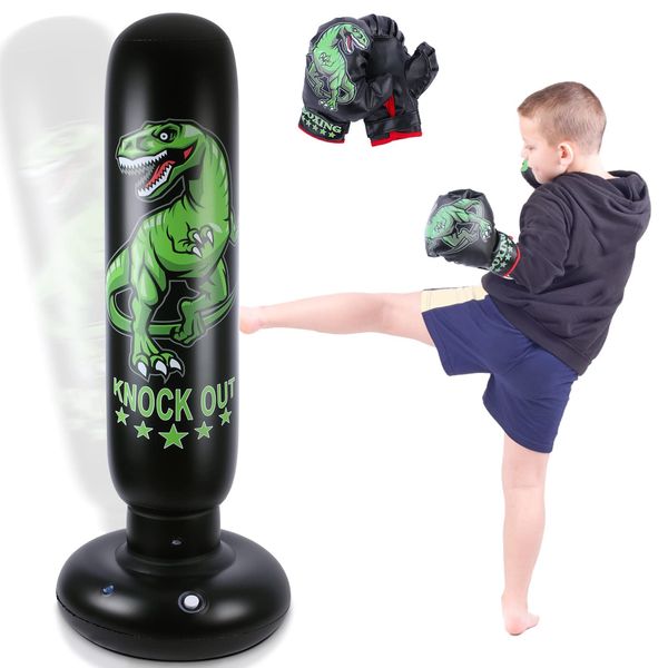 Dinosaurier Boxsack Kinder - 160 cm freistehender Boxsack Stehend mit Boxhandschuhen - Wildes Dinosaurier Sportspielzeug Tumbler Sandsack für Training Karate Taekwondo MMA