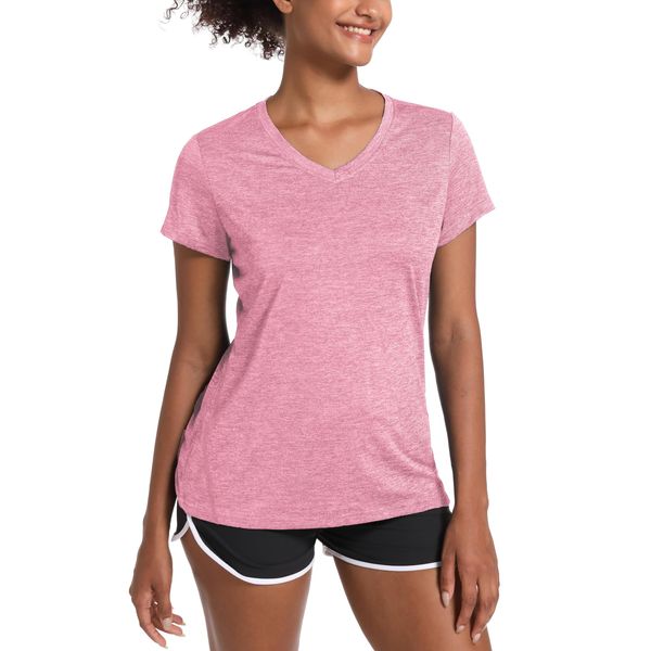 MAGCOMSEN Damen Sport Shirt Leichte Trainingsshirt Kurzarm Atmungsaktiv Lässig T-Shirt Weich Outdoor Shirt mit V-Ausschnitt Funktionsshirt für Yoga, Jogging Rosa L