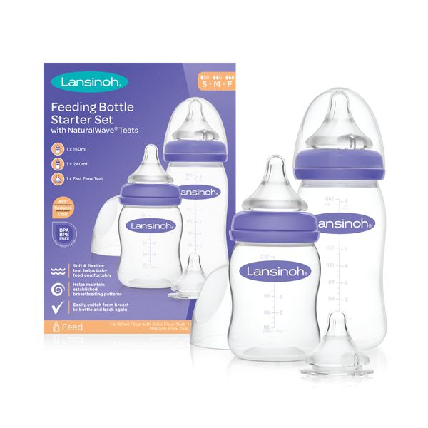 Lansinoh Baby Bottle Starter Set with NaturalWave Teat (160ml & 240ml), Anti-Colic, Plastic 100% BPA & BPS Free, Slow, Medium & Fast Flow Silicone teats which are Soft and Flexible, Purple