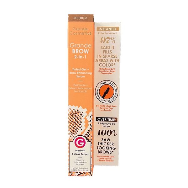 Grande Cosmetics 2 in 1 Brow Enhancing Serum Full Size .12 oz Medium Tint 8 Week