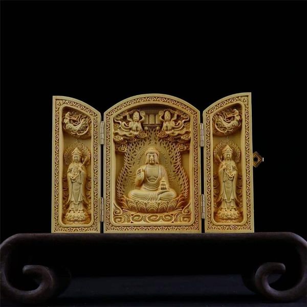 Wood Carving Buddha Statue [Sankai Buddha] (Plate-shaped) [Yakushi Nyorai, Nikko Bodhisattva, Moonlight Bodhisattva] Yakushi Sanzon Sculpture Boxwood Tsuge Plant ◆ Kaiyuan Honzon, Protection Honzon, Mobile Phone, Amulet (Height 4.1 inches (10.5 cm) x Diam