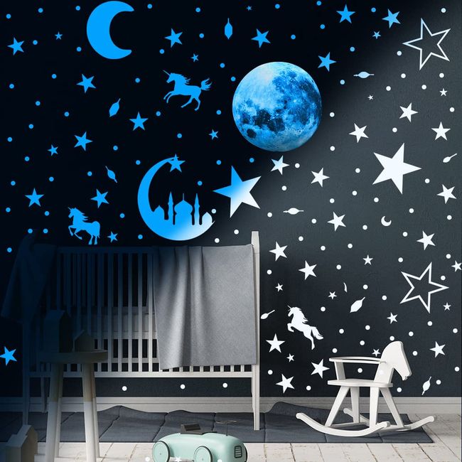 Yurika Glow in the Dark Moon Star Luminous Sticker, Wall Sticker, Stylish, Luminous Sticker, Children's Room Decoration, Fluorescent Sticker, Removable Wallpaper, Glitter, Window Sticker,