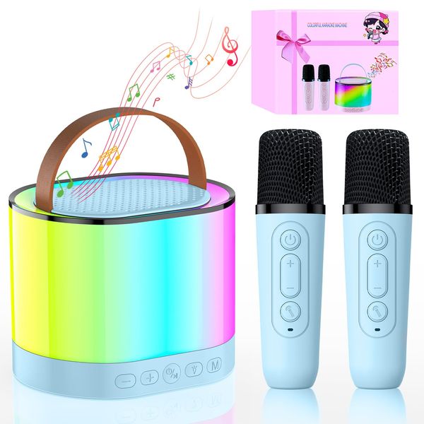 Mini Karaoke Machine for Kids, Toys for Ages 3-13+ Boys Girls, Toys Christmas Birthday Gifts for Boys, Portable Bluetooth Speaker with 2 Wireless Microphones Family Party (Blue 2 Mics)