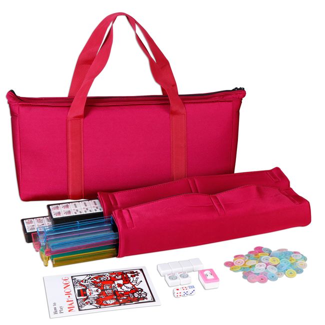 F2C American Mah Jongg Mahjong Set 166 Tiles, 4 Colors All-in-One Rack/Pushers, Red Paisley Soft Bag and Accessories –Classic Full Size Complete Mahjongg Mah Jong Set