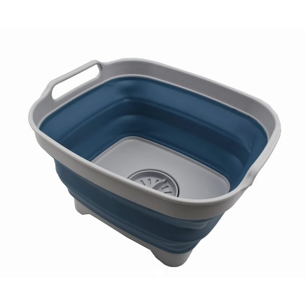 SAMMART 7.5L (2 Gallons) Collapsible Dishpan with Draining Plug - Foldable Washing Basin - Portable Dish Washing Tub - Space Saving Kitchen Storage Tray (Grey/Steel Blue, 1)