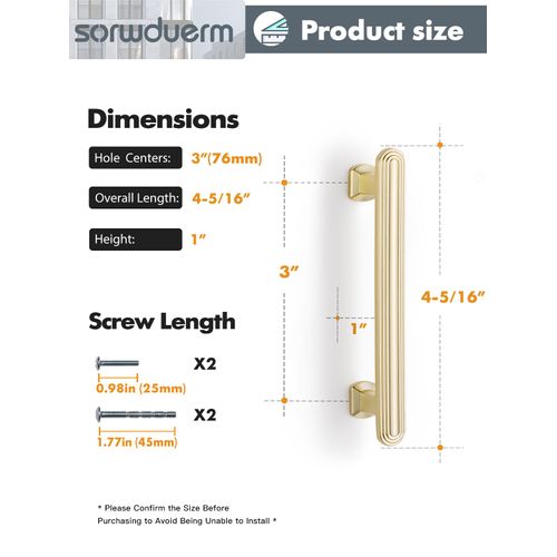 SORWDUREM 5 Pack 3 Inch(76mm) Brushed Gold Cabinet Pulls Drawer Pulls Kitchen Hardware Cupboard Kitchen Hardware Cabinet Handles