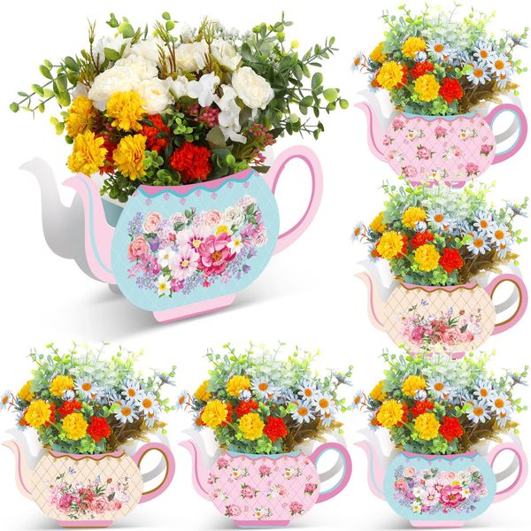 Yinder 6 Pcs Tea Party Decorations Princess Party Flower Boxes Centerpiece Floral Teapot Centerpiece for Floral Tea Themed Birthday Party Supplies Wedding(Sweet Tea Pot)