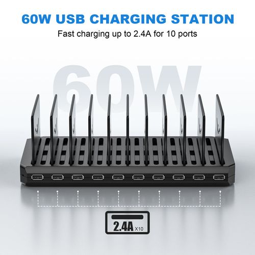 Charging Station for Multiple Devices, Cinlinso 60W 10 Port USB Fast Charging Station with Adjustable Dividers, Compatible with iPhone, iPad, Tablets and Cell Phone (Black)