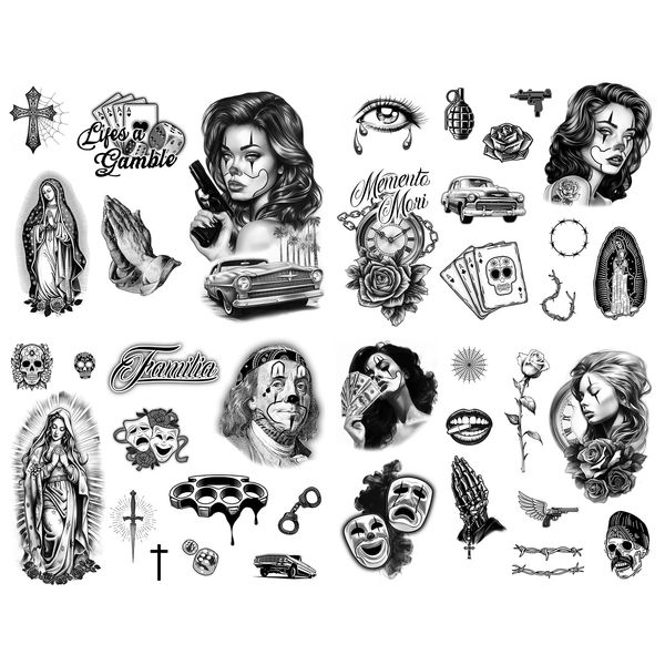 Los Vatos Chicano Vol. I - 38 Designs - Cholo Chola Temporary Tattoos For Men Women, Payasa, Lowrider, Virgin Mary, Prayer, Cross, Chicana, Gangster, Fake Tattoo, Día de Muertos, Tatuajes Temporales