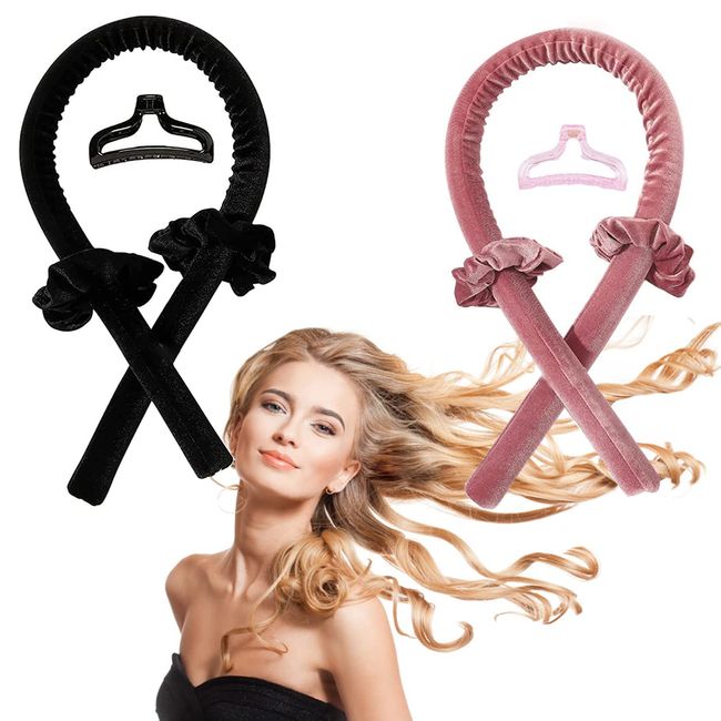 Heatless Curls Band, Hair Lockenstab Hair Rollers, 2 Stück Hair Curler Ribbon, Tik Tok Rutschfest Heatless Lockenwickler, mit Haarnadel,Wave Formers über Nacht,Locken Ohne Hitze Band (Rosa，Schwarz)