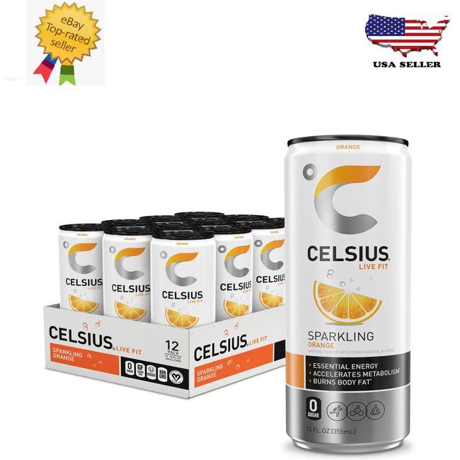 CELSIUS Sparkling Orange, Functional Essential Energy Drink 12 fl oz Can 12 Pac