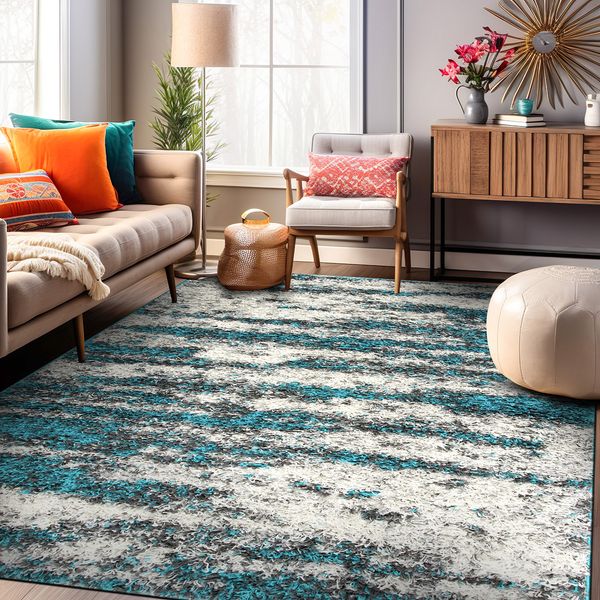 Rugshop Area Rug Modern Abstract Design Plush Shag Rugs Turquoise Rug 5x7 Carpet