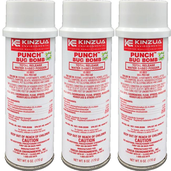 Punch Bug Bomb (3-Pack) | 100% Kills Mosquitoes, Cockroaches, Fleas, Ants, Houseflies & More | Commercial-Grade Fogger | Easy-to-Use | Non-Staining, Water-Base Formula (6 oz Each)