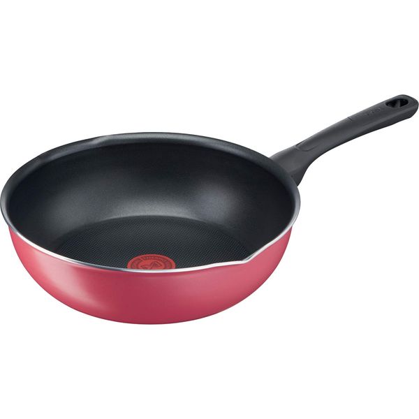 Tefal B55977 Stir-fry Pot, 10.2 inches (26 cm), Deep Frying Pan, With Spout Included, Gas Fire, Cranberry Red, Multi Pan, Non-Stick